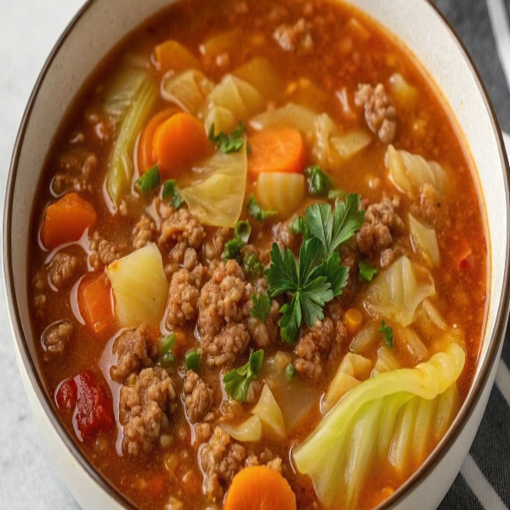 Hearty Cabbage Soup with Ground Beef served