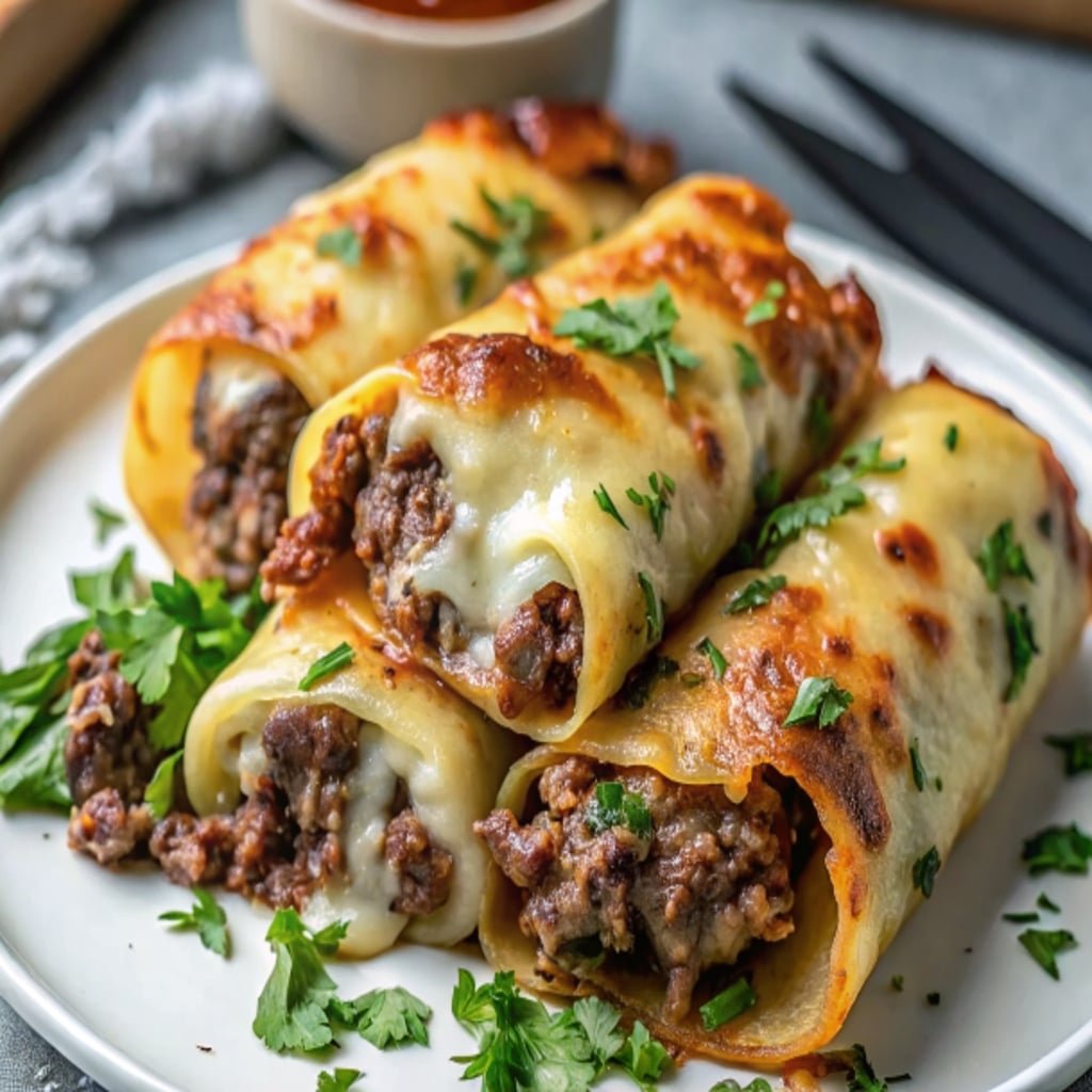 Golden-brown keto cheesesteak rolls filled with steak and provolone on a white plate.