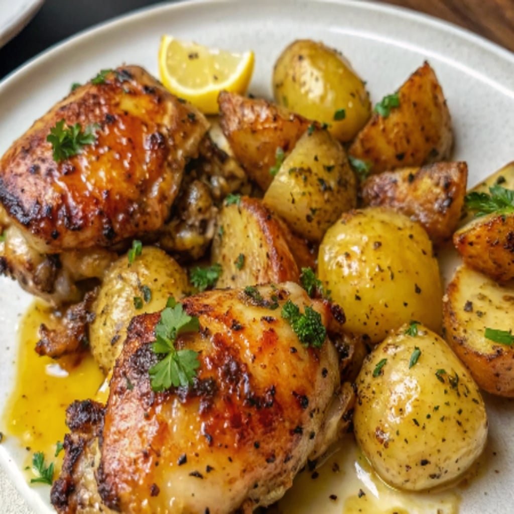 Mediterranean Roasted Potato Chicken Thighs