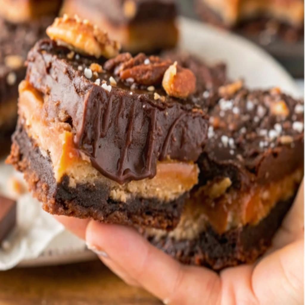 Millionaire Brownies with caramel layer and chocolate ganache topping