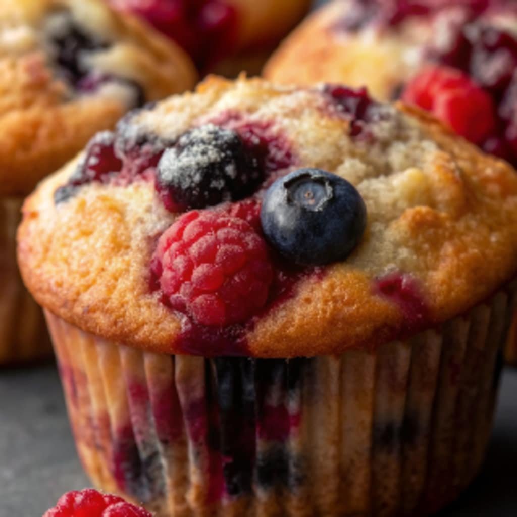 Fluffy Mixed Berry Muffins – A Cozy Morning Treat 7 Close-up of muffins with visible blueberries and raspberries