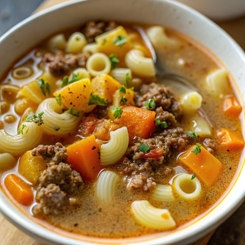 One-Pot Hamburger Soup with Macaroni served in rustic bowl