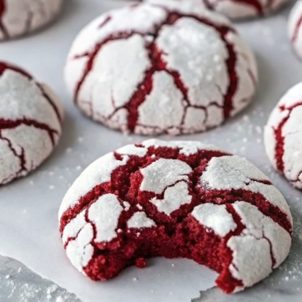 Red Velvet Crinkle Cookies – The Best Festive Treat Ever 7 Heart-shaped red crinkle cookies on parchment paper.