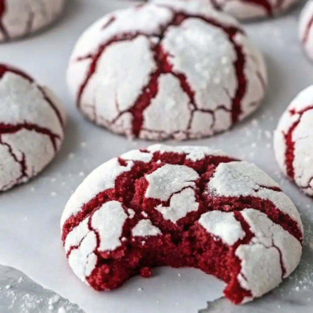 Heart-shaped red crinkle cookies on parchment paper.