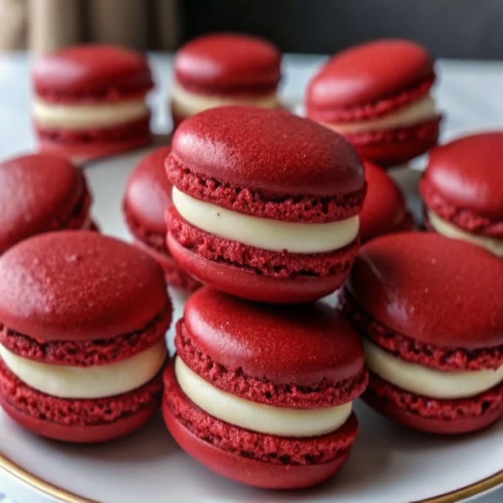 Red Velvet Macarons on white plate.