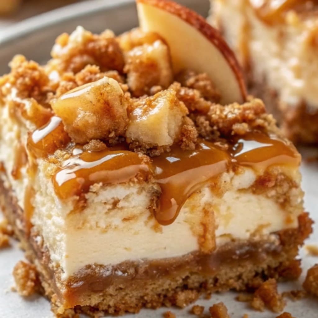 Caramel Apple Cheesecake Bars Recipe 4 Served caramel apple cheesecake bars on plate