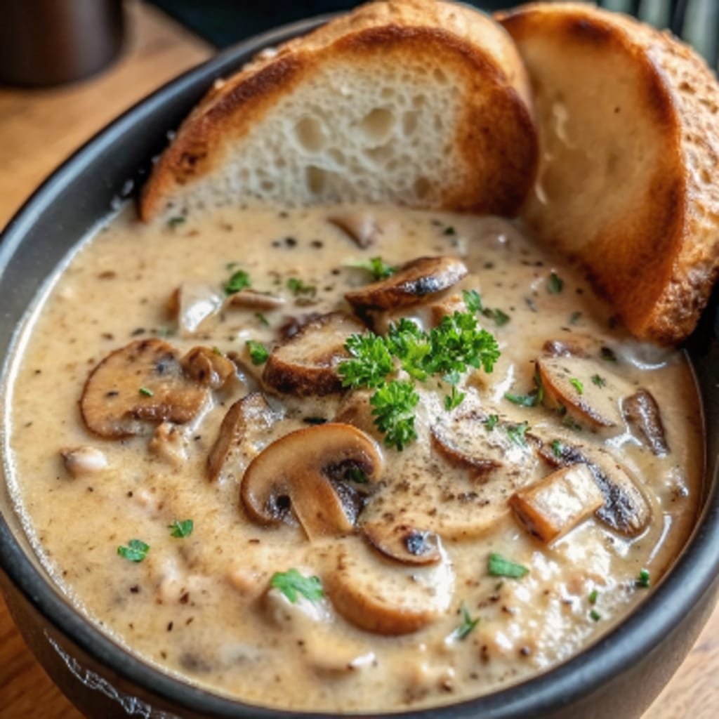 Ladling Creamy Mushroom Soup into serving bowl