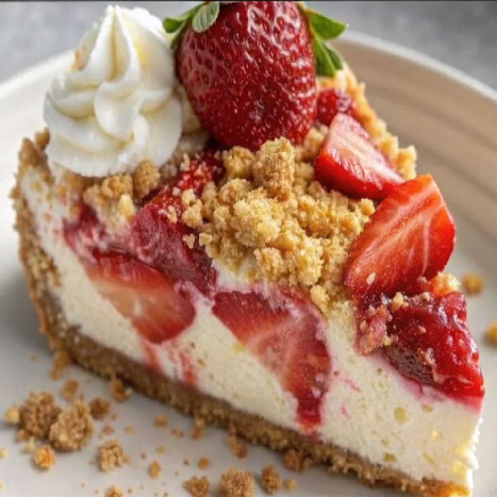 Strawberry Crunch Cheesecake – Creamy, Crunchy & Completely Irresistible 6 serving slice of strawberry crunch cheesecake with whipped cream