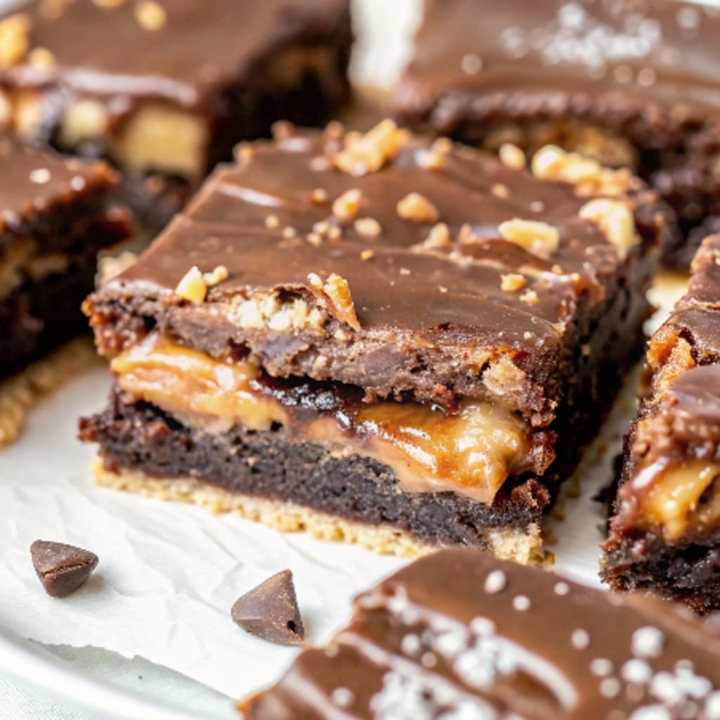 Millionaire Brownies – Gooey Caramel & Fudgy Chocolate Perfection 7 Perfectly cut Millionaire Brownies showing distinct brownie, caramel, and ganache layers.