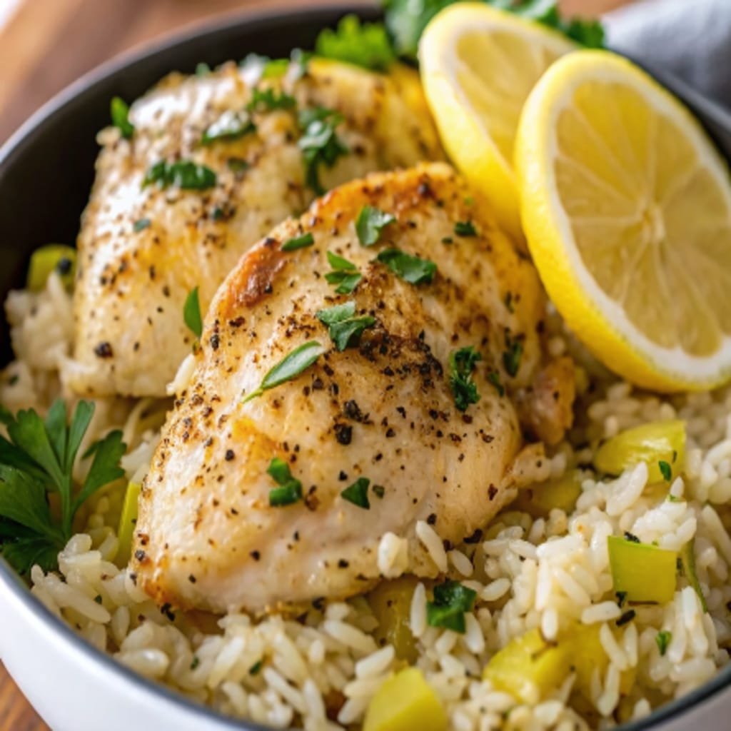 Slow Cooker Lemon Herb Chicken and Rice in rustic bowl