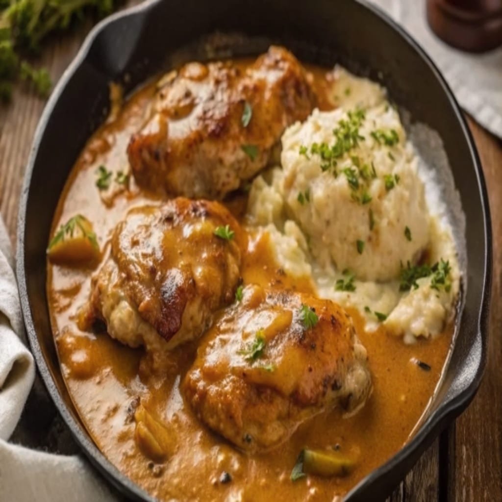 Southern Smothered Chicken in creamy onion gravy in cast-iron skillet