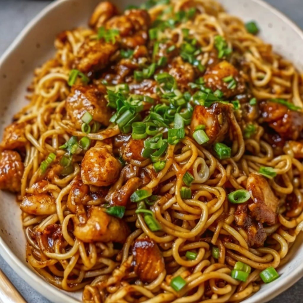 Sticky Garlic Chicken Noodles with glossy garlic sauce