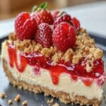 Strawberry Crunch Cheesecake – Creamy, Crunchy & Completely Irresistible 8 strawberry crunch cheesecake topped with strawberry slices and cookie crumble
