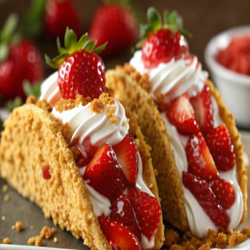 Strawberry Crunch Cheesecake Tacos – Creamy, Crunchy & Irresistible 6 strawberry crunch cheesecake tacos filled with cream and crumbs