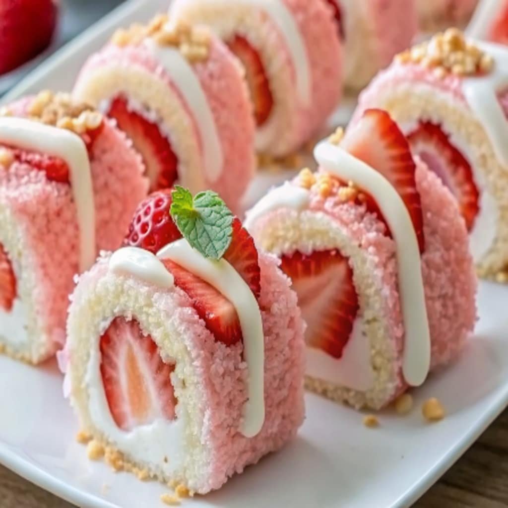 strawberry shortcake sushi rolls topped with whipped cream and strawberries