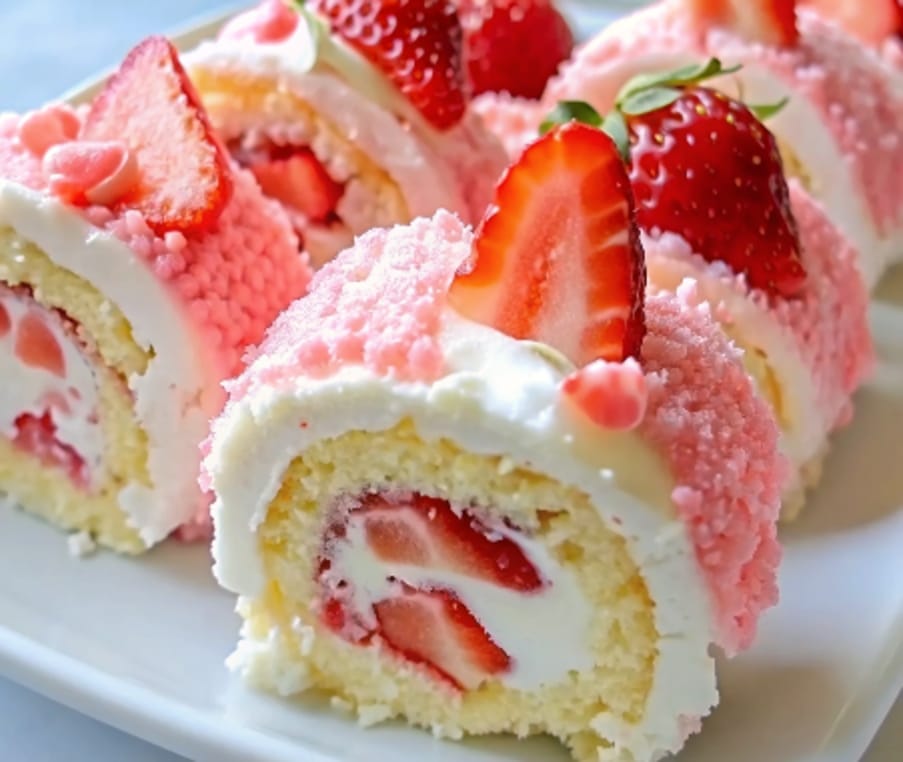 Strawberry Shortcake Sushi Rolls – Sweet, Simple & Stunning 6 strawberry shortcake sushi rolls with chopsticks