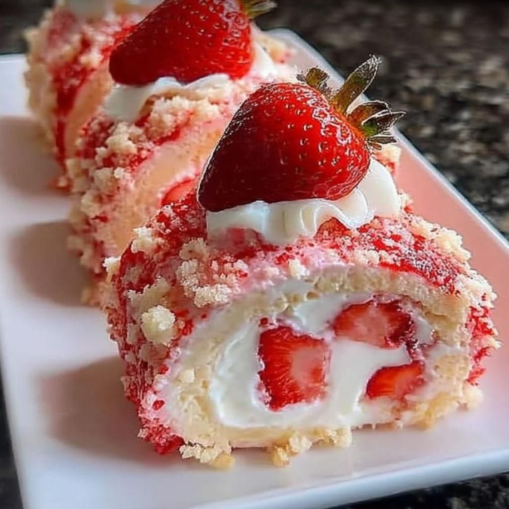 Strawberry Shortcake Sushi Rolls – Sweet, Simple & Stunning 7 strawberry shortcake sushi rolls topped with whipped cream and strawberries