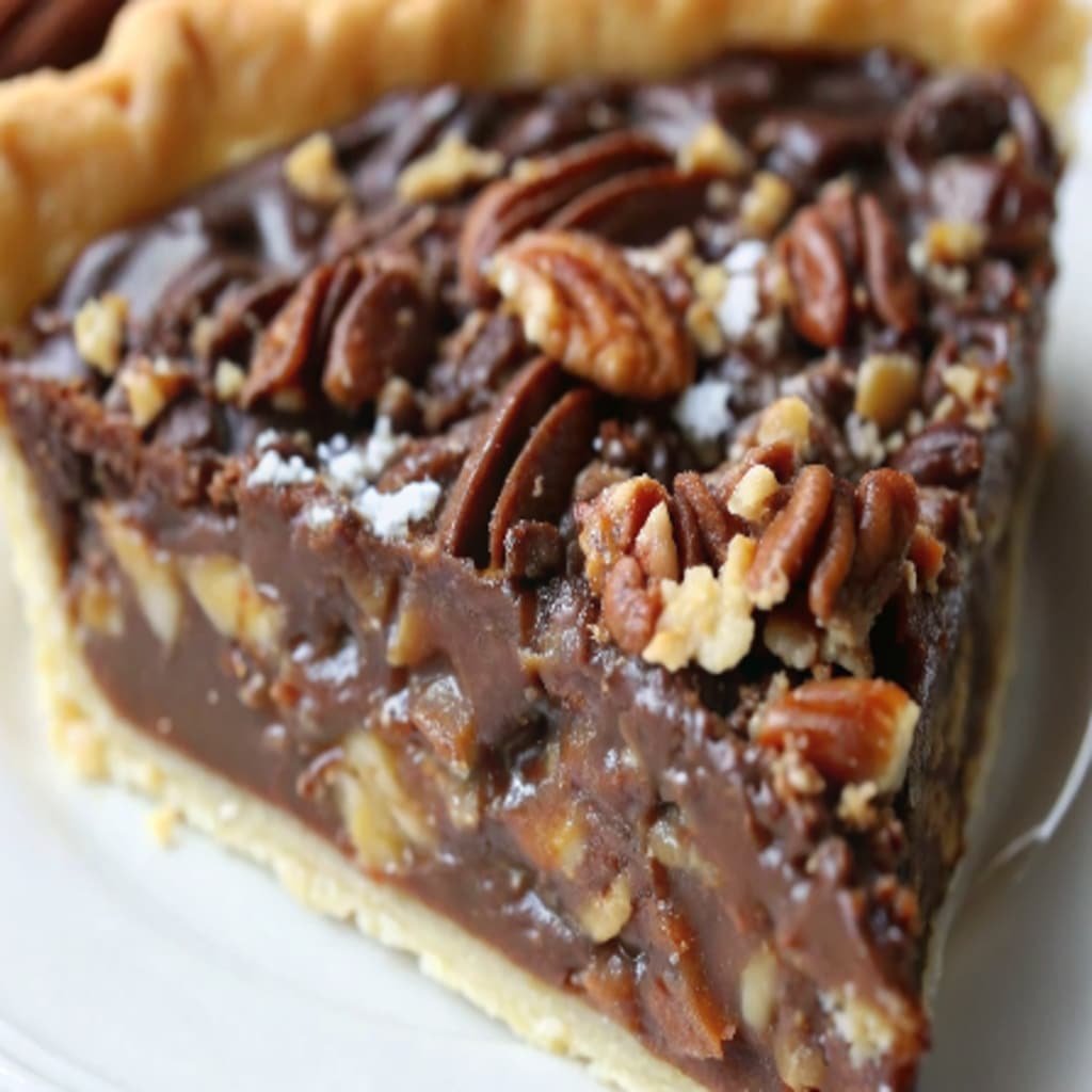 Texas chocolate pecan pie with glossy filling and toasted pecans