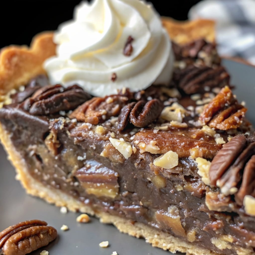 Texas Chocolate Pecan Pie – A Southern Classic with a Decadent Twist 6 serving texas chocolate pecan pie slice with whipped cream