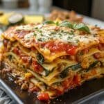 Vegan lasagna slice with tomato sauce and vegan cheese