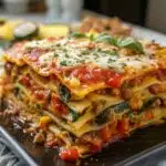 Vegan Lasagna – Cozy Plant-Based Comfort Food 5 Vegan lasagna slice with tomato sauce and vegan cheese
