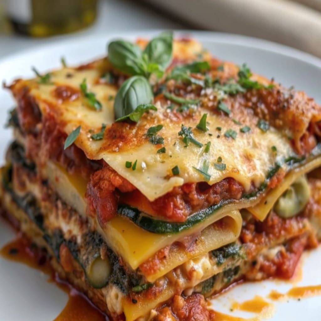 Vegan lasagna in white dish with basil garnish