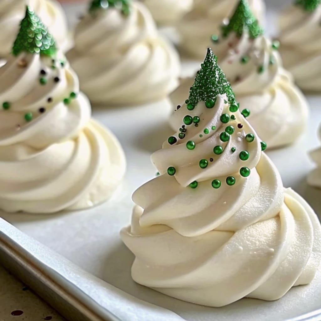 Airy Christmas Tree Meringues arranged on parchment with star sprinkles