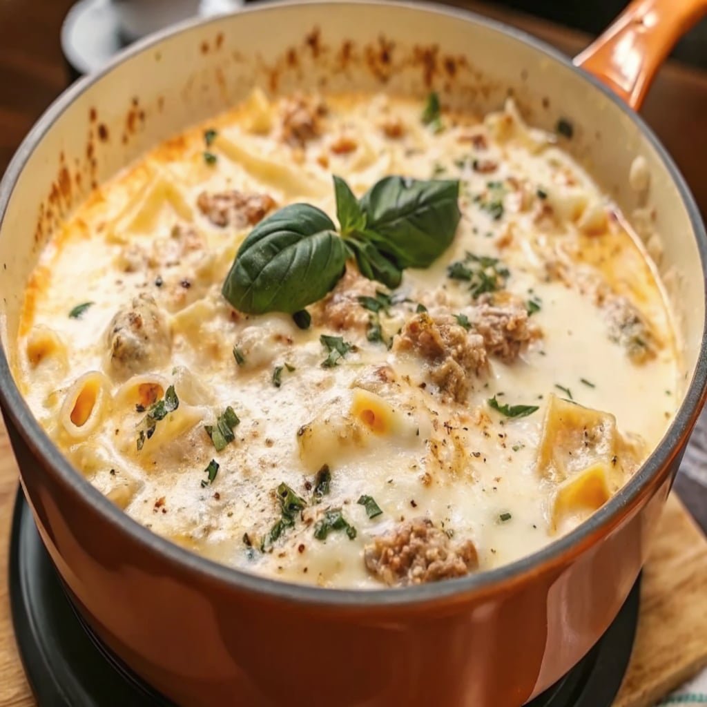 Parsley garnish on Alfredo Lasagna Soup