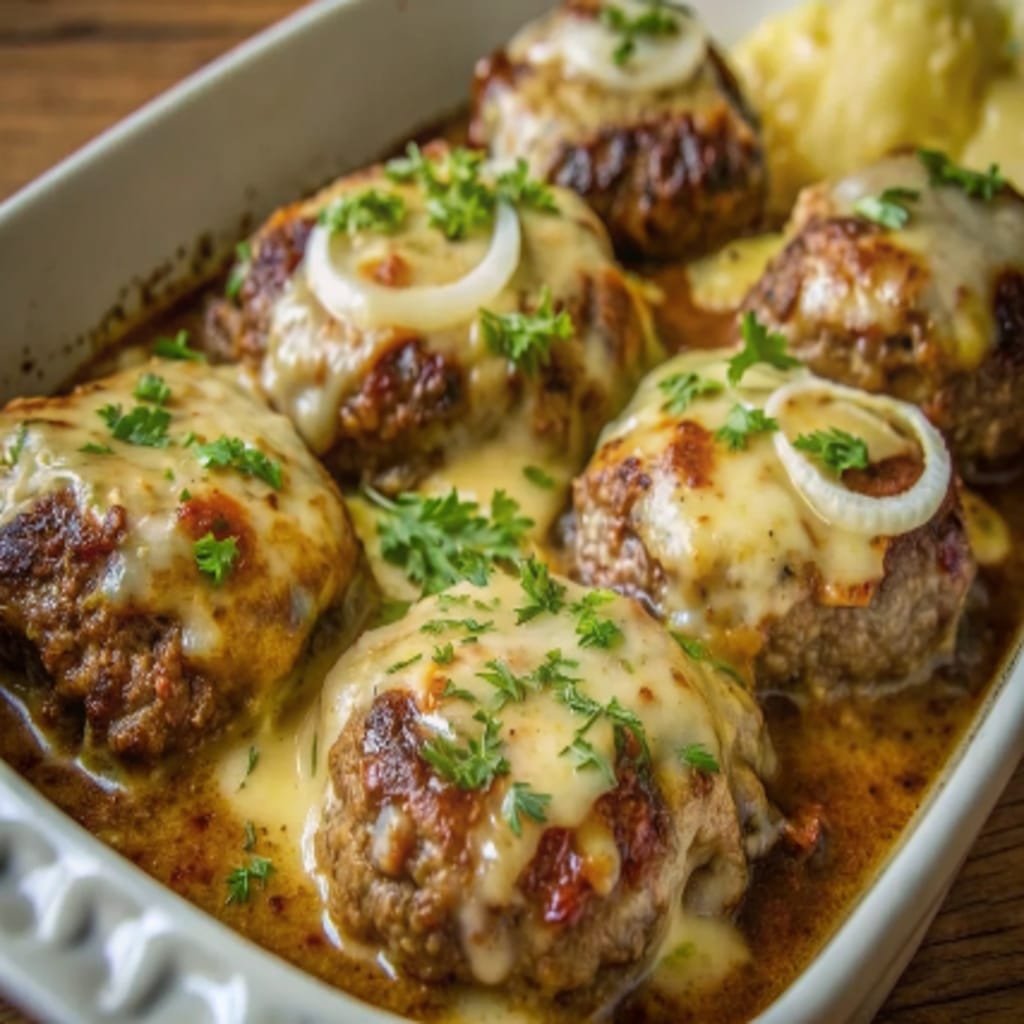 Amish Hamburger Steak Bake with golden cheese topping