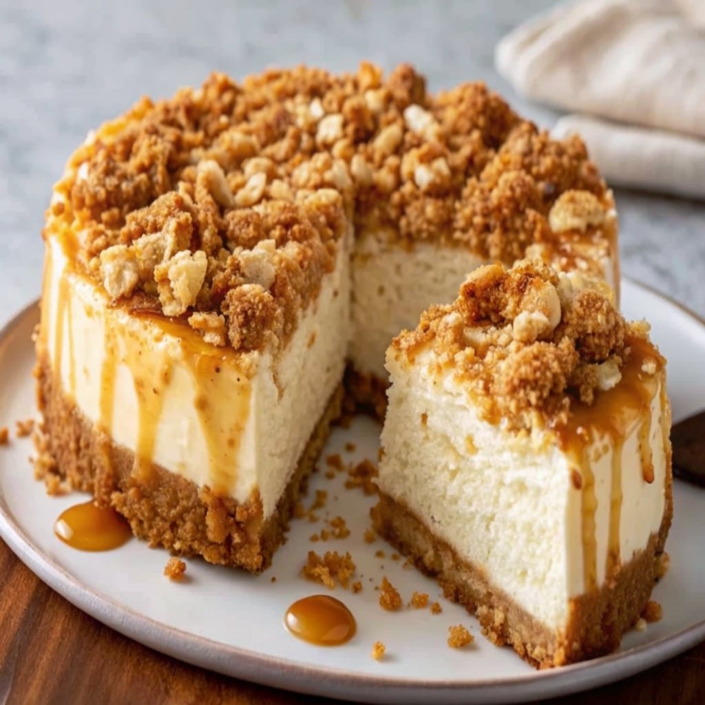 Apple Crisp Cheesecake: Silky, Spiced & Topped with Crunchy Oat Streusel 6 apple crisp cheesecake with caramel drizzle