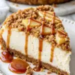 apple crisp cheesecake slice with crunchy oat streusel