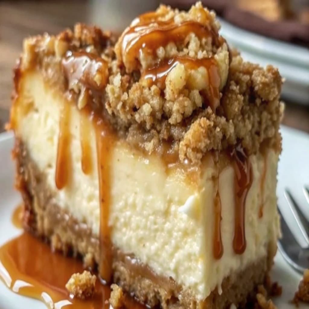 Apple Crisp Cheesecake: Silky, Spiced & Topped with Crunchy Oat Streusel 7 Served slice with caramel drizzle