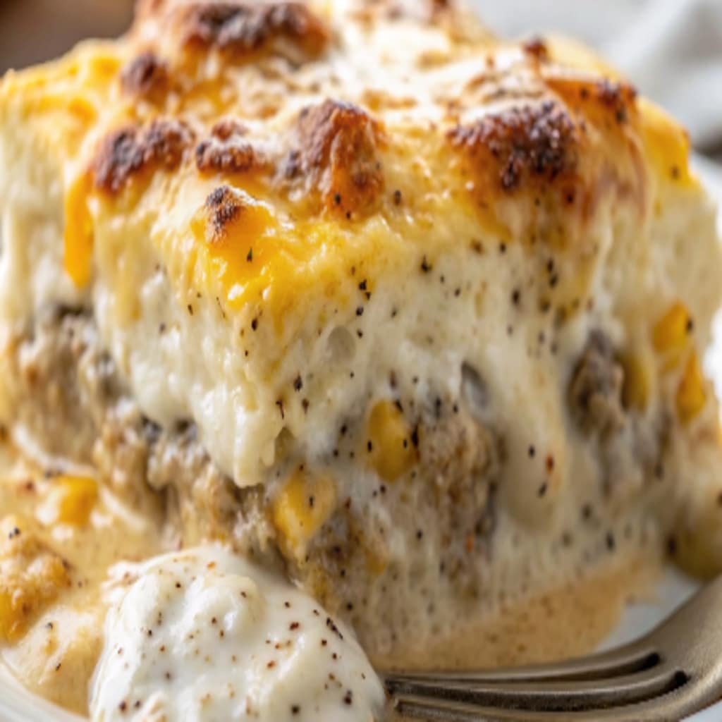 Biscuits and Gravy with Sausage and Egg Breakfast Casserole