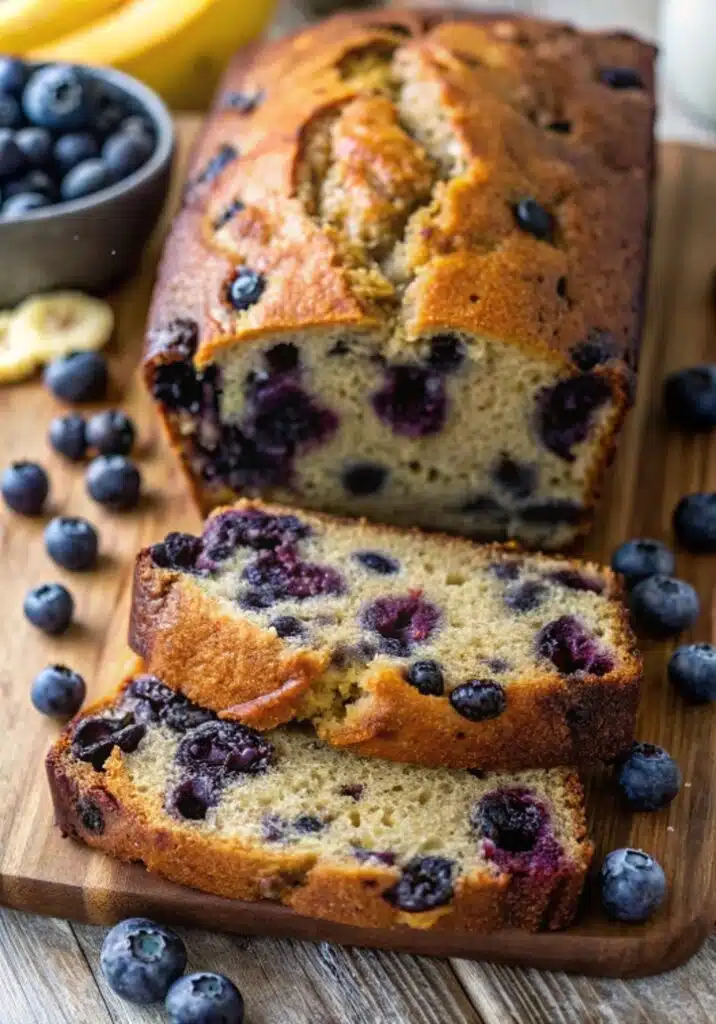 Moist and delicious Blueberry Banana Bread fresh from the oven