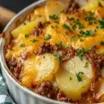 Cheesy Ground Beef & Potato Casserole with golden top
