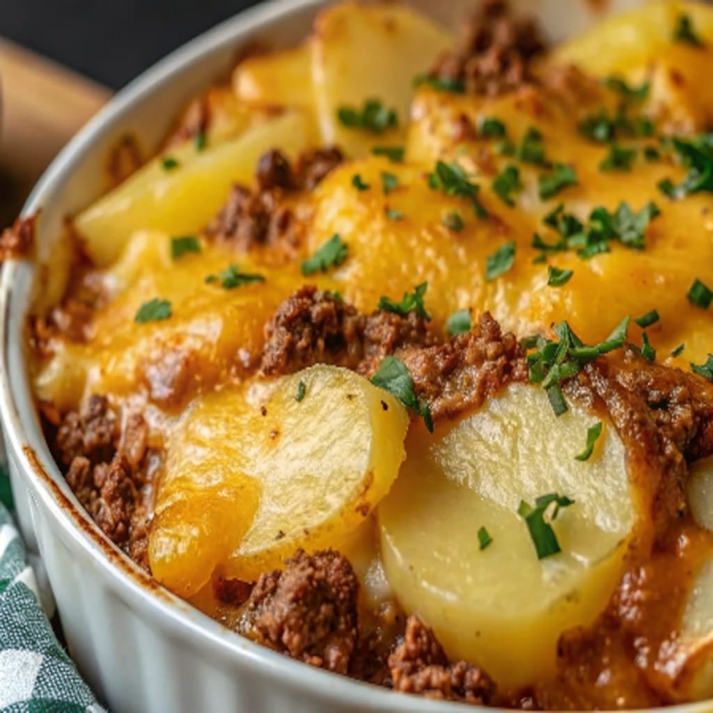 Cheesy Ground Beef & Potato Casserole with golden top