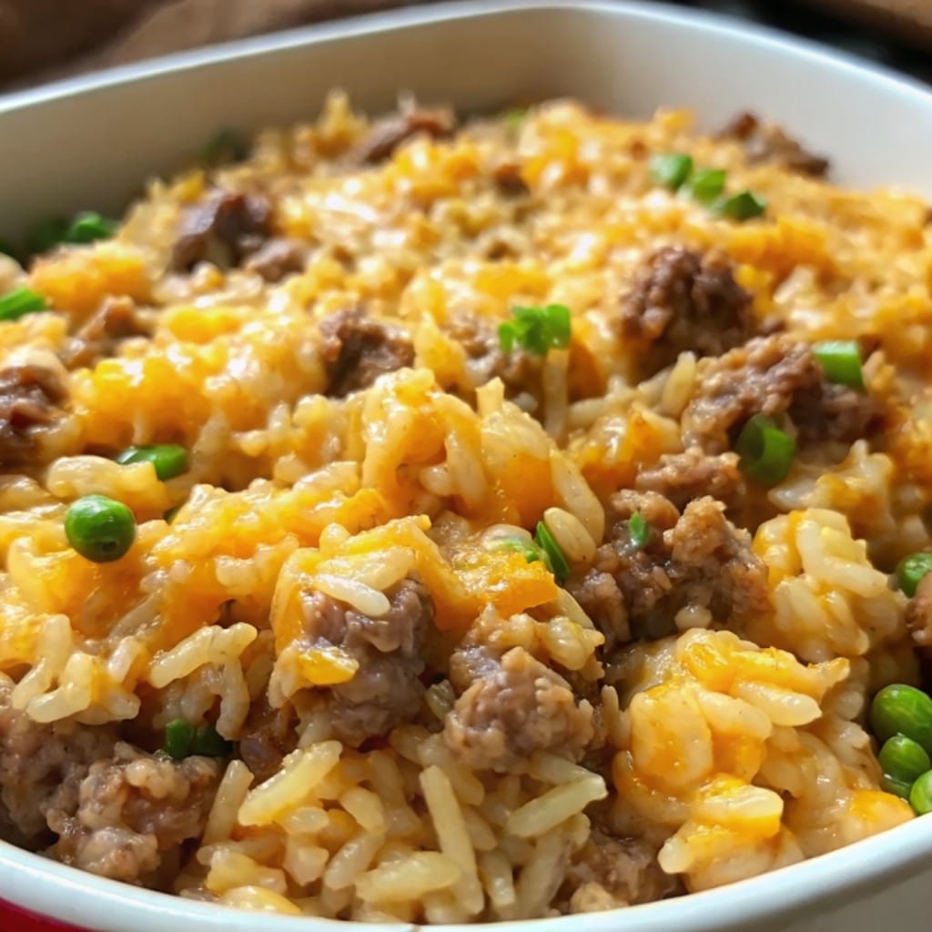 Cheesy Ground Beef & Rice Casserole fresh from oven.