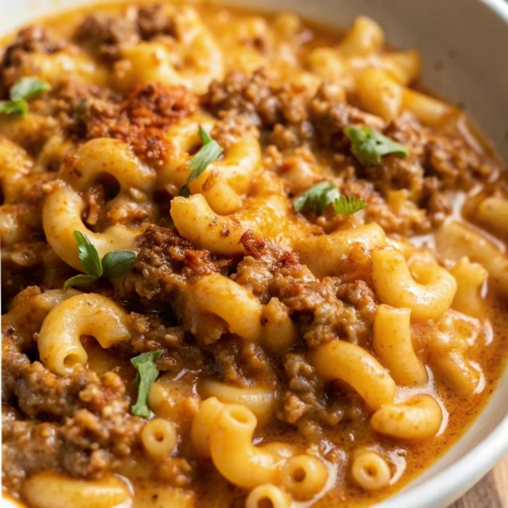 Cheesy pasta dish with ground beef