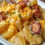 Cheesy Ranch Potatoes and Smoked Sausage bubbling with melted cheese