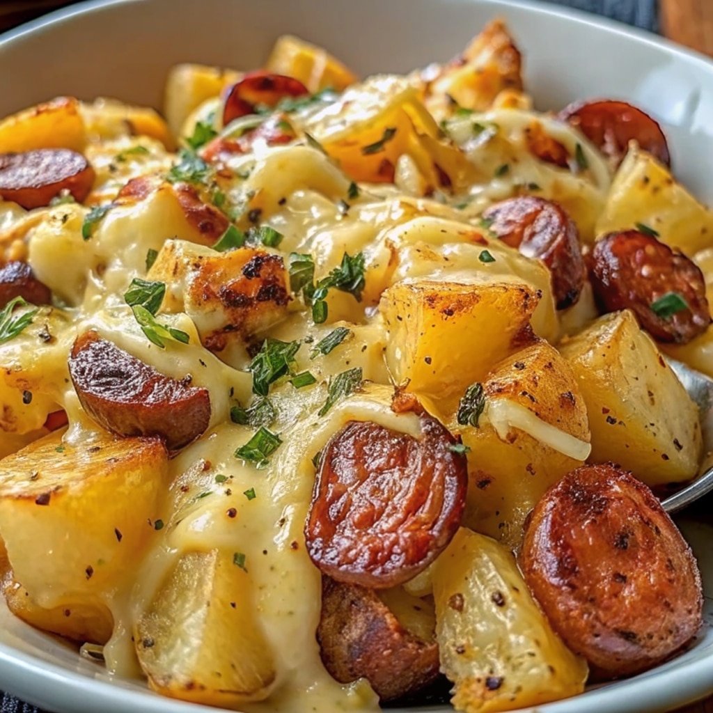 Cheesy Ranch Potatoes and Smoked Sausage bubbling with melted cheese
