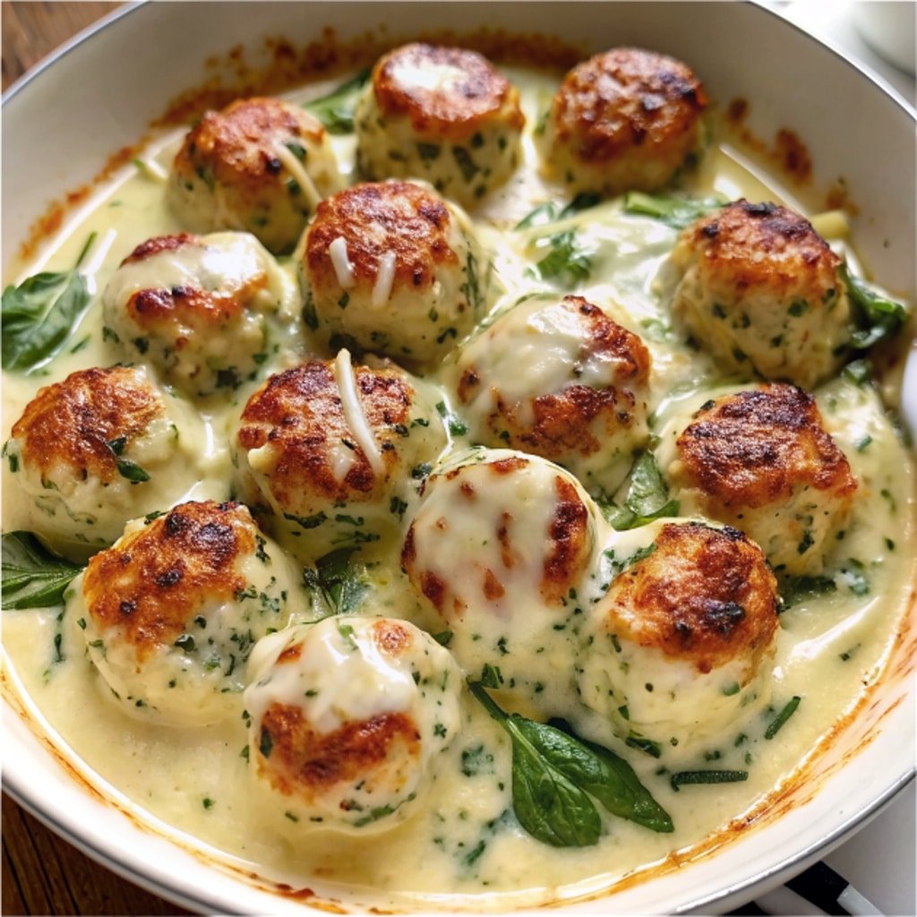 Chicken Ricotta Meatballs with Spinach Alfredo Sauce