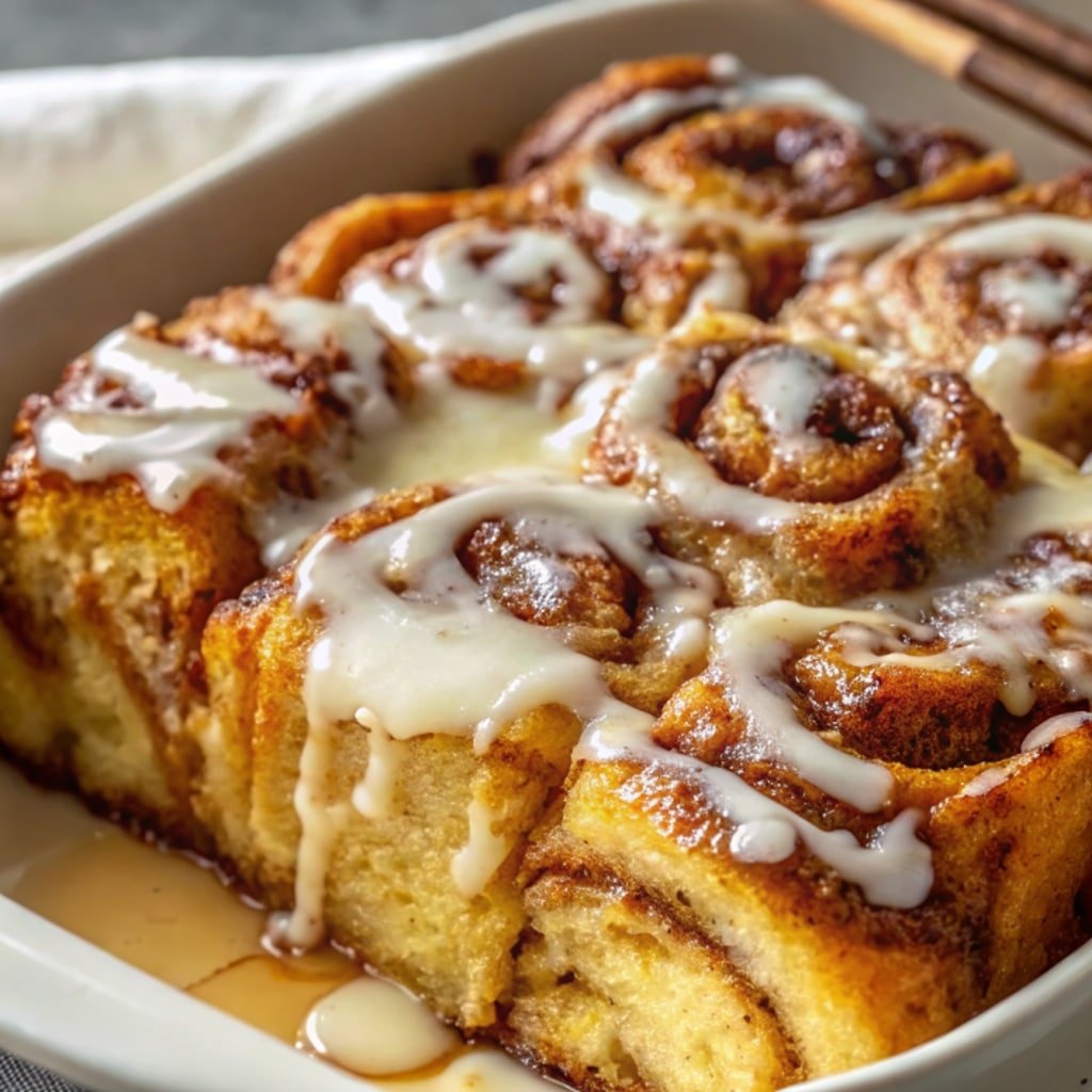 Cinnamon Roll French Toast Casserole fresh baked with icing drizzle