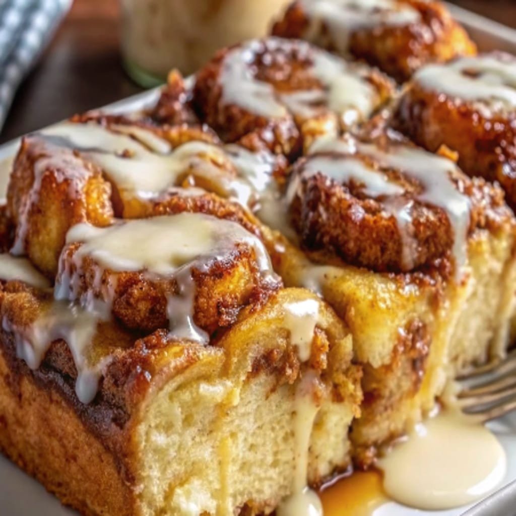 Served slice of Cinnamon Roll French Toast Casserole with syrup