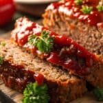 Classic Meatloaf Recipe with Marinara Sauce topped close-up