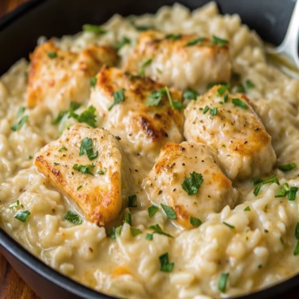 Comforting Chicken Rice Casserole bubbling with cheese