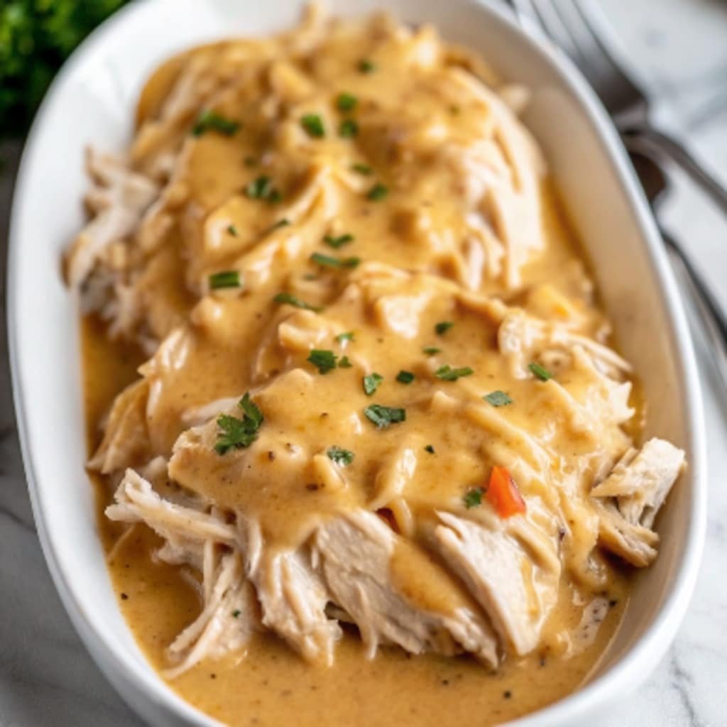 Comforting shredded chicken with gravy