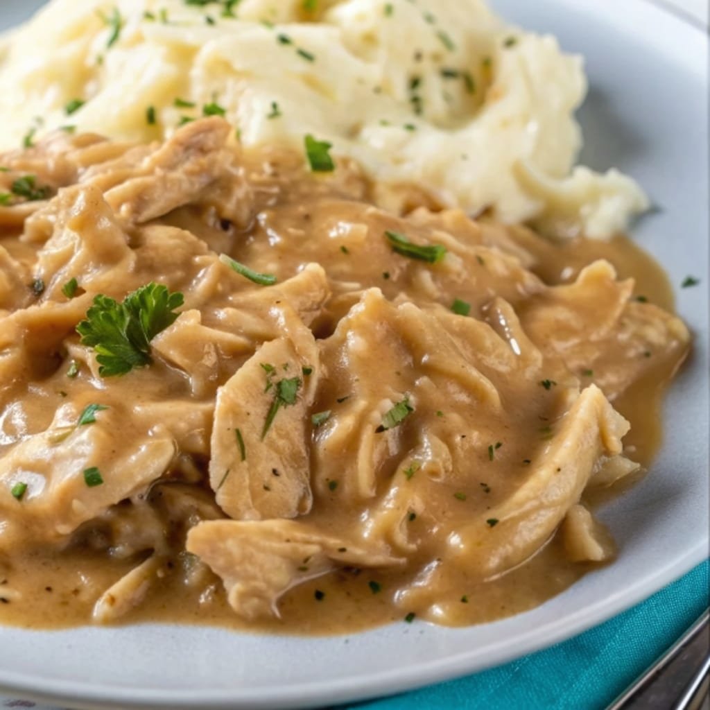 Comforting Shredded Chicken with Gravy Comforting Shredded Chicken with Gravy Comforting shredded chicken with gravy over mashed potatoes