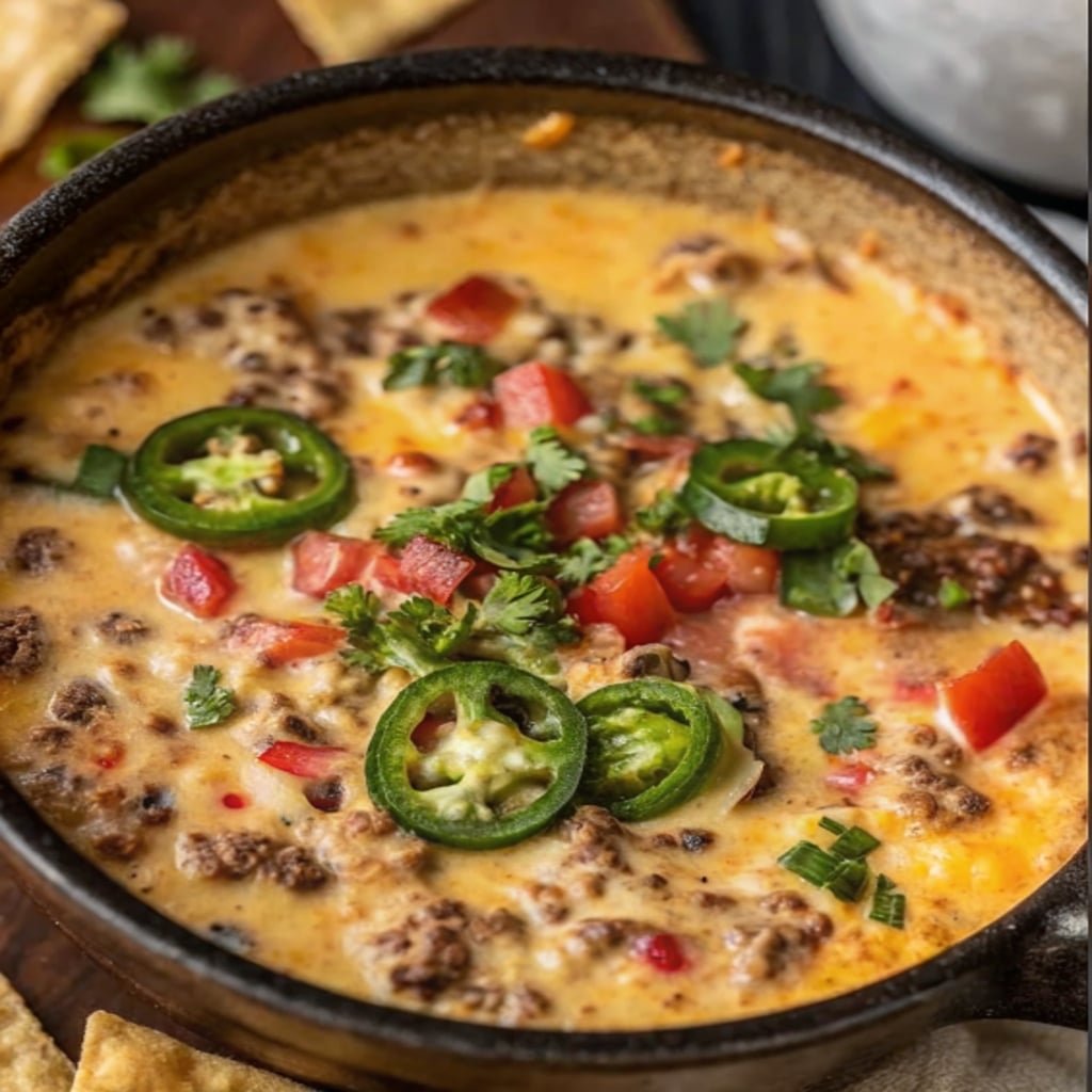 Cowboy Queso Dip topped with cilantro and jalapeños