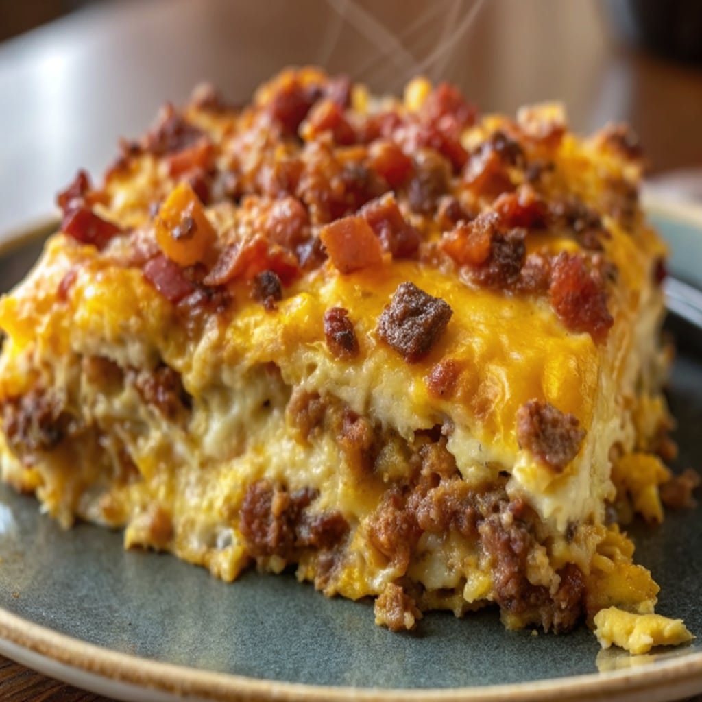 Crack Breakfast Casserole slices on plate