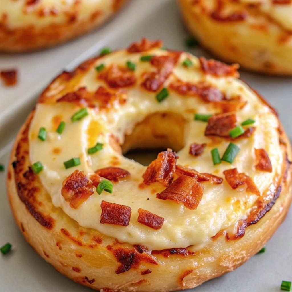 creamy bacon cheddar bagels toasted with melted cheese